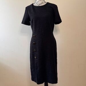 Ann Taylor Black Textured Sheath Midi Dress Size 6 Gold Button Detail Career LBD